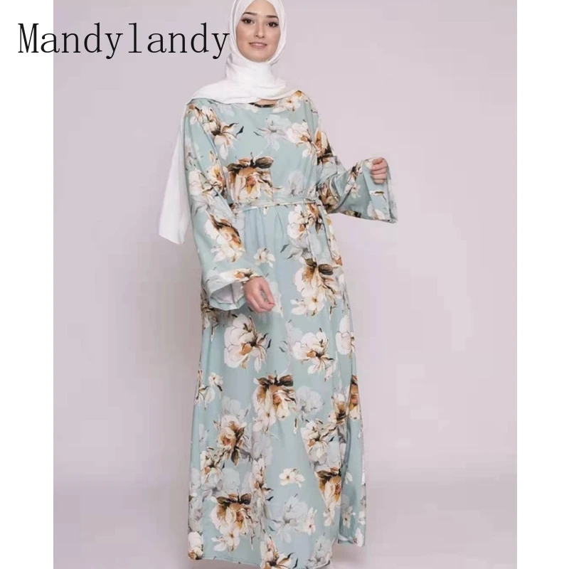 

Mandylandy Muslim Dress Autumn Fashion Long Sleeve O-Neck Stitching Dress Women's Casual Floral Print Loose Dress