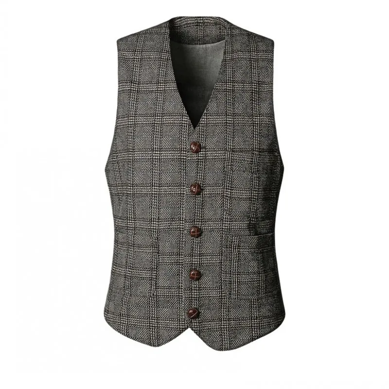 

British Style Mens Slim Fit Single Breasted V Neck Plaid Vest Top Sleeveless Jacket Business Casual Waistcoat Vintage Man Vests