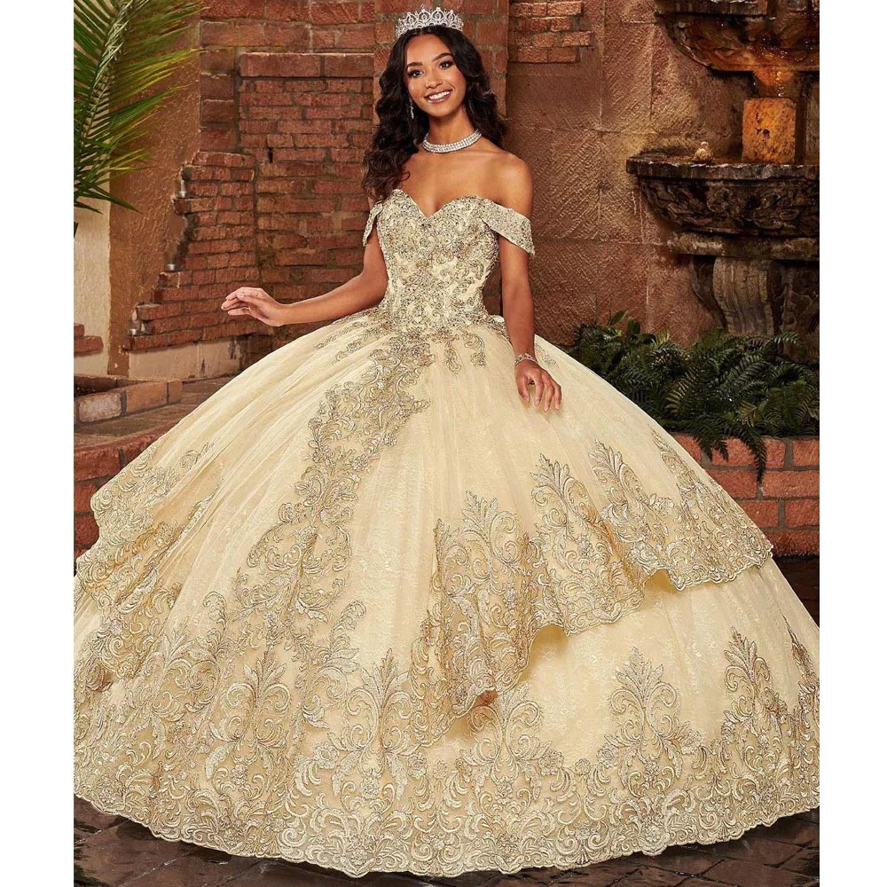 

Кружевное бальное платье с аппликацией, платья для Quinceanera с блестками, с открытыми плечами, выпускные платья, длина до пола, тюлевые многояру...