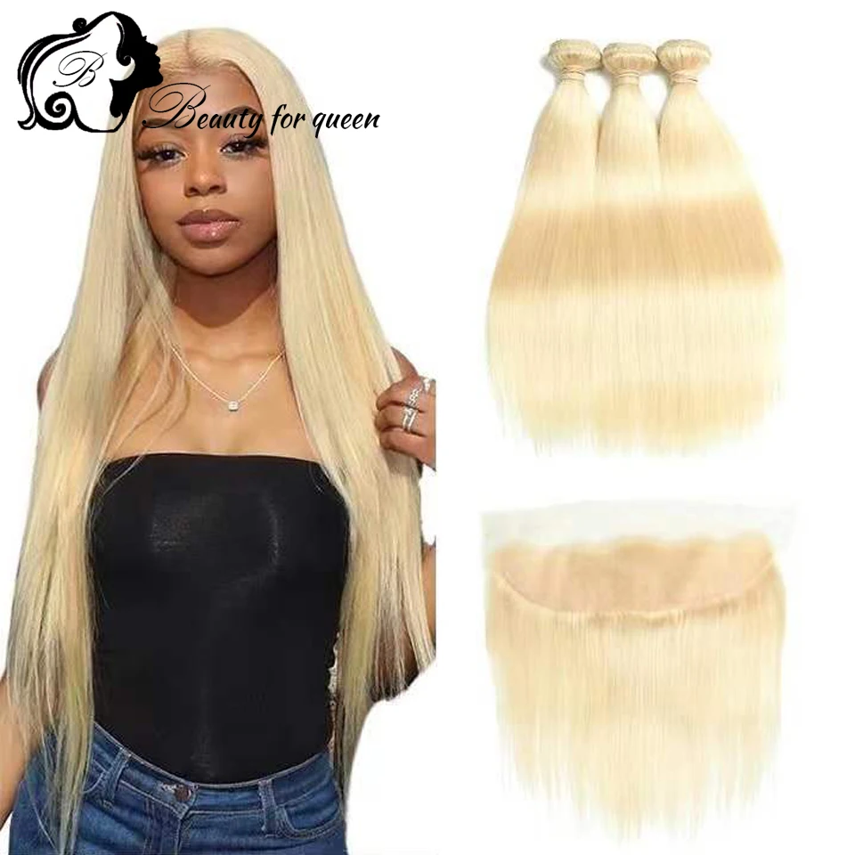 613 Bundles With Frontal 13×4 Transparent Lace Blonde Remy Brazilian Hair For Women 30 Inches Straight 3 Bundles With Frontal