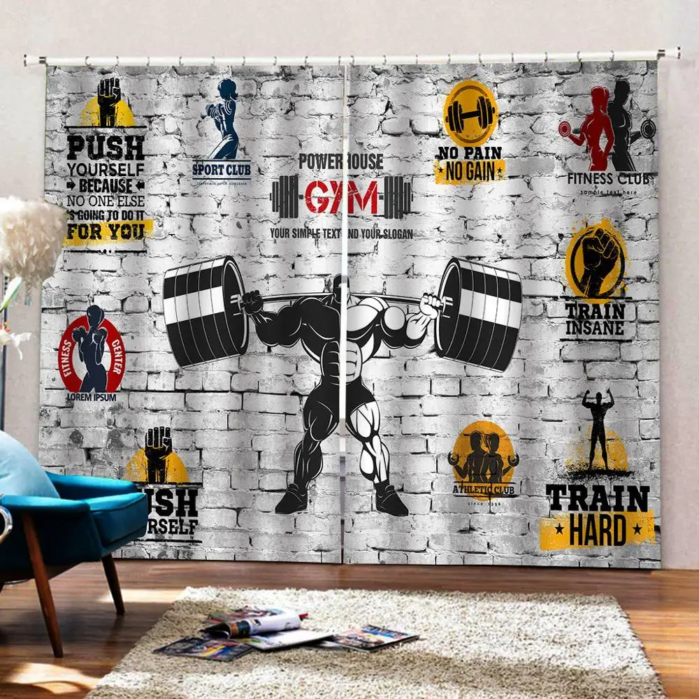 

Modern Thick Blackout Curtains fitness weightliftingCurtains For The Bedroom Printing Gym Wall Window Curtain Decor