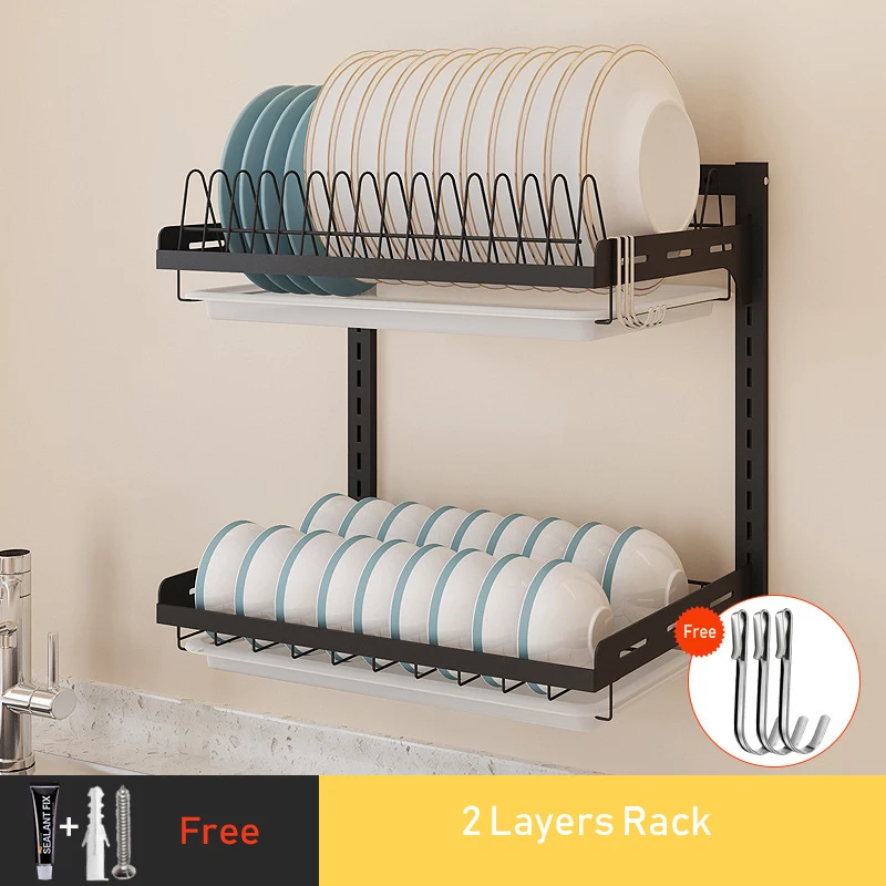 2 Layers A Беспробиваемая кухонная стойка DIY настенная подвесная черная тарелка из нержавеющей стали чаша-держатель нож вилка стеллаж для хранения Органайзер инструмент 08175 - Цвет: 2 Layers A