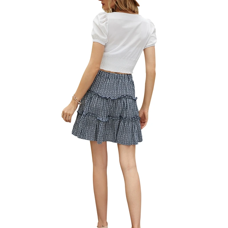 

Summer Skirt Elastic Waist Casual High Waist Pleated Printed Skirt Ruffle Black