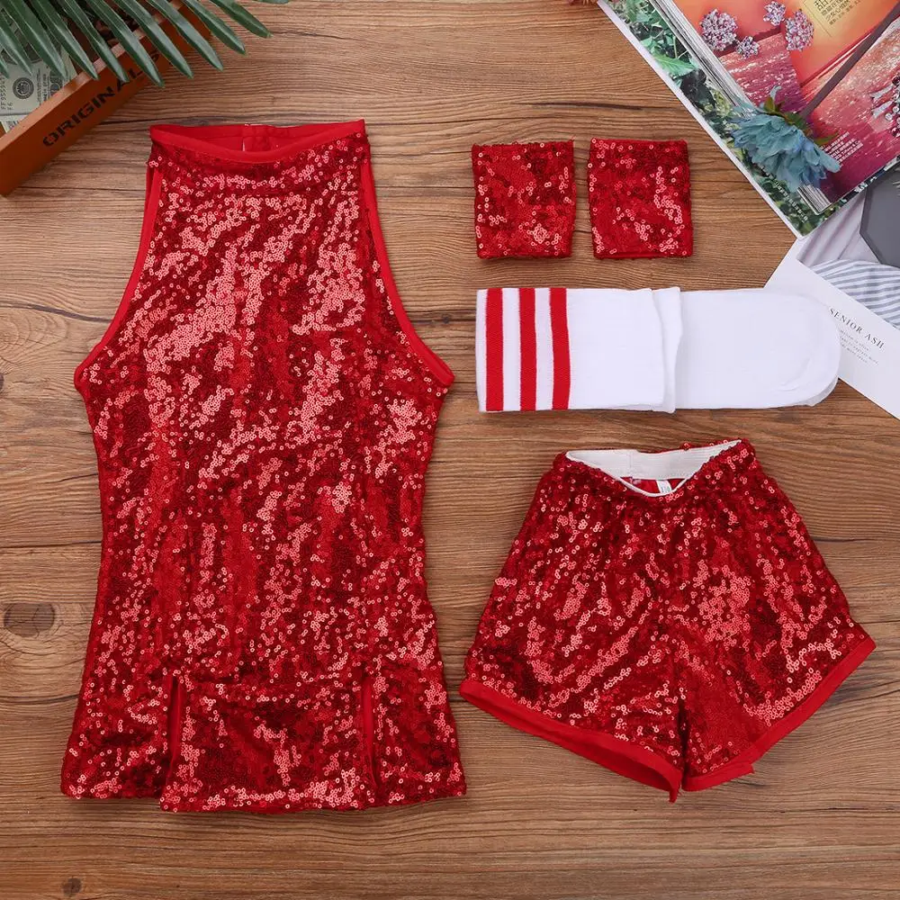 Детские джазовые танцевальные костюмы топы шорты носки комплект с блестками в