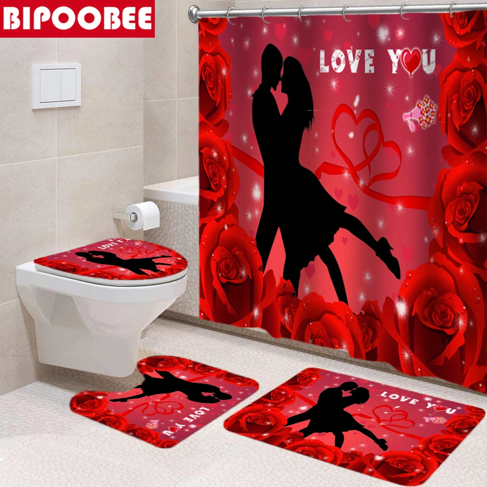 Занавеска для душа с 3D рисунком красной розы влюбленных Противоскользящий