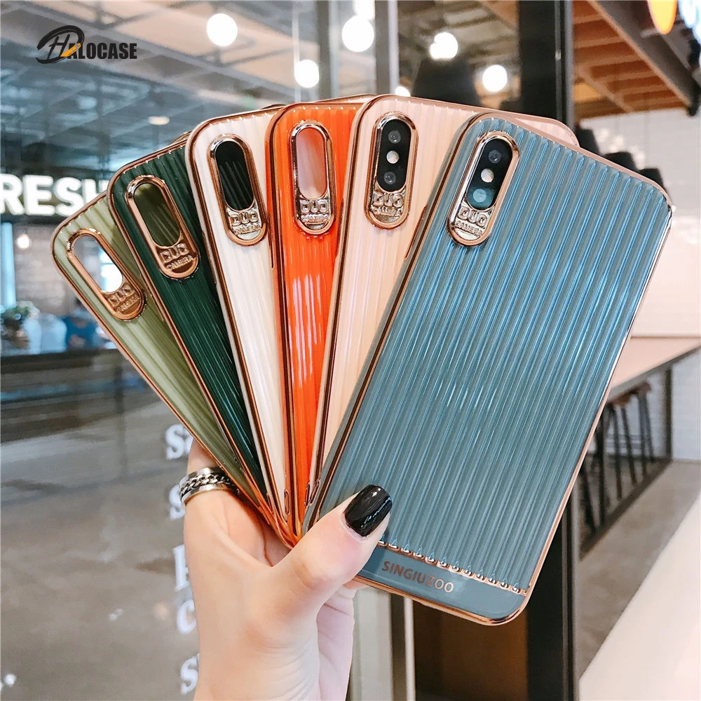 

Gold Plating Protection Frame Phone Case For iphone 11 Pro XR XS Max X 8 7 Plus SE 2020 Case Silicone Stripe Solid Color Cover
