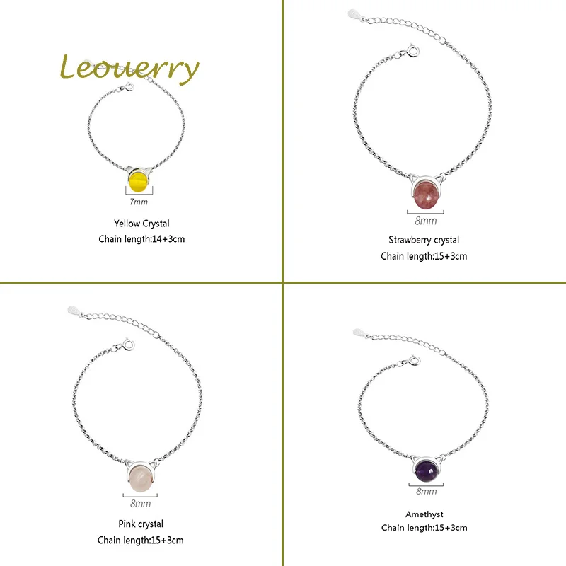 Leouerry Crystal Cat Ear Chain Bracelet Charm Amethyst Stone Bracele for Women Girl 925 Sterling Silver Jewelry | Украшения и