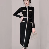 2022fall women vintage slim thin black long dresses party fashion spring long sleeved round neck bag hip dress temperament cloth