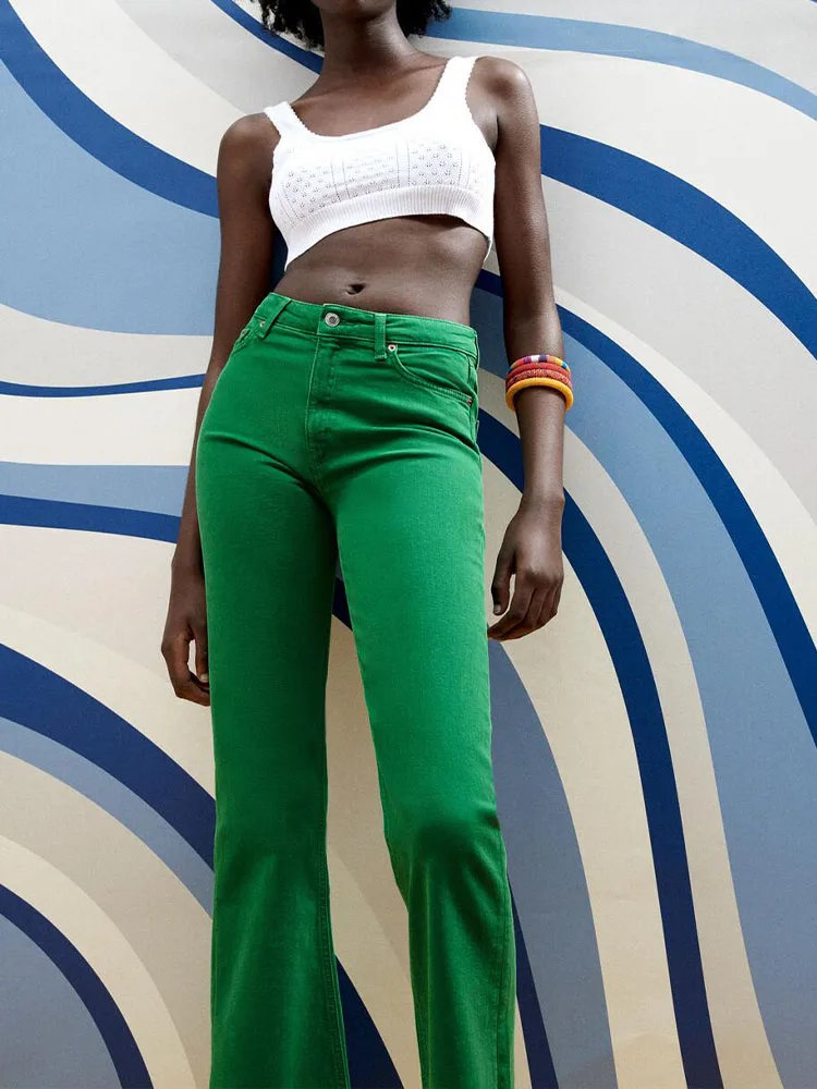 

new women's avocado green all-match temperament slim-fit, long-legged, high-waist, hip-flared skinny jeans