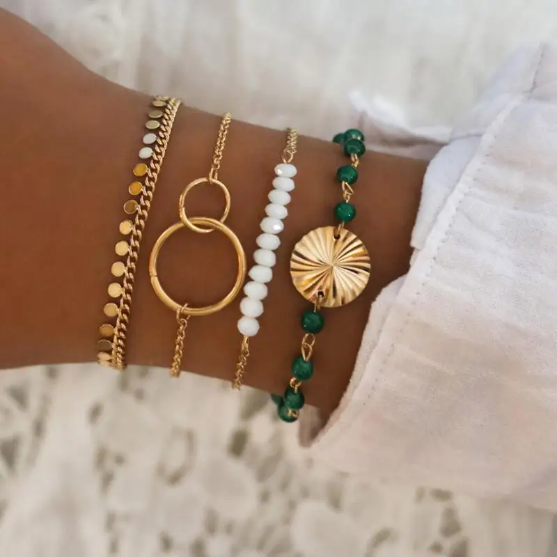 Женский браслет ручной работы из нержавеющей стали Браслет манжета с бусинами и