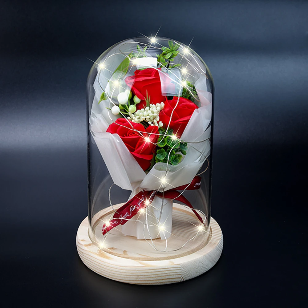 

Rose with Glass Cover Red Rose In A Glass Dome On A Base For Valentine's Gifts LED Rose Lamps Christmas Memorable Dustproof