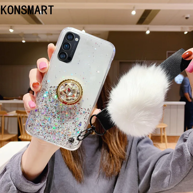 

KONSMART For OPPO Reno 4 Pro 5G Case Fashion Glitter Star Clear Stand Phone Case Reno4 5G Silicone Soft Back Cover With Strap