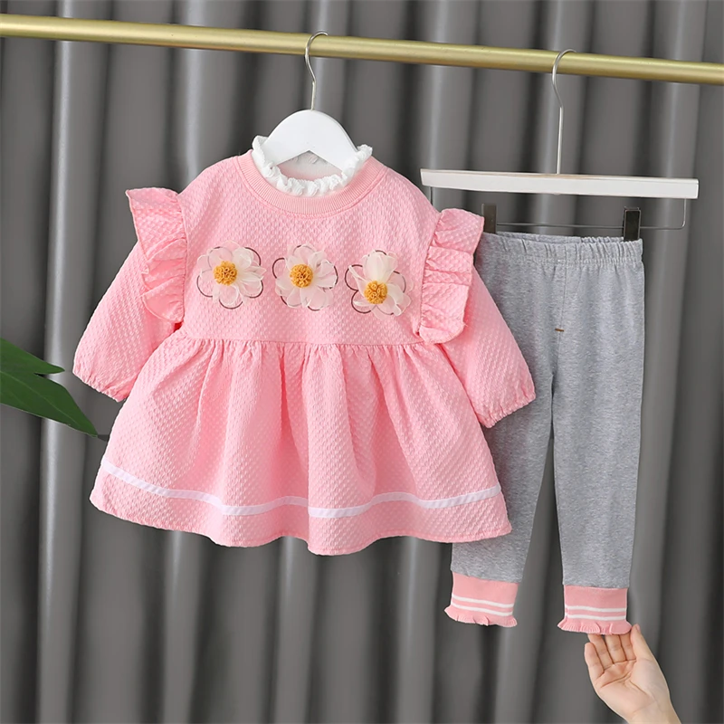 

2022 Spring Baby Girls Clothing Sets Children Clothes Outfits Toddler Infant Newborn Lace Flower Tops Pants Kids Sportswear