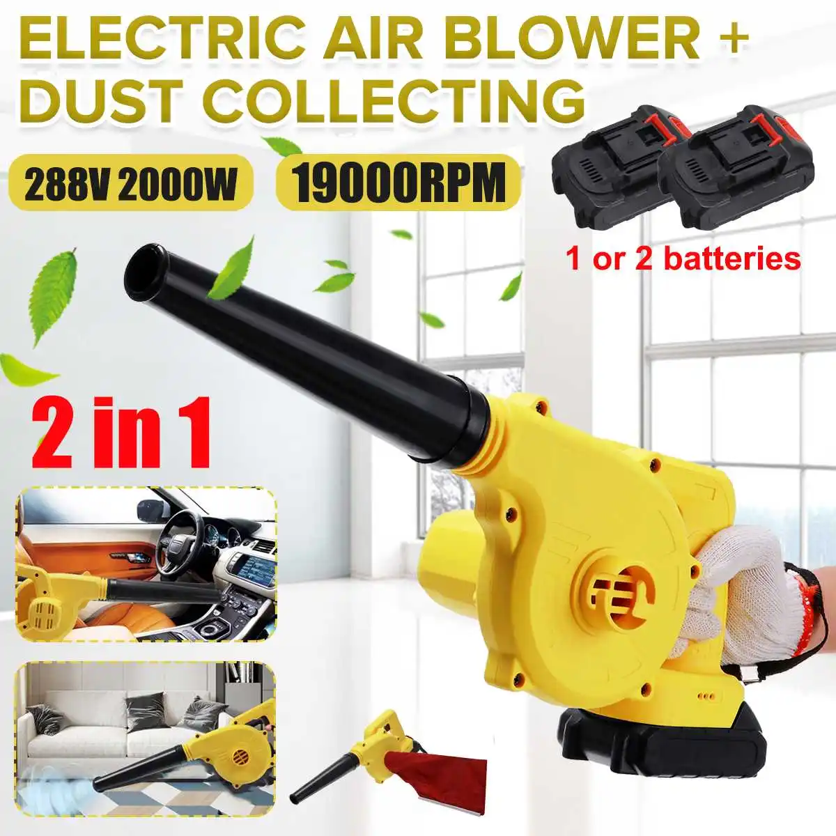 

2000W 2 In 1 Cordless Electric Air Blower Vacuum Cleannig Blower Blowing & Suction Leaf Dust Collector For Makita 18V Battery