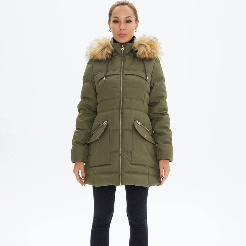 

2021 winter Women's mid long thickened big fur collar hooded fashion warm down coat white duck down jacket XS to 5XL