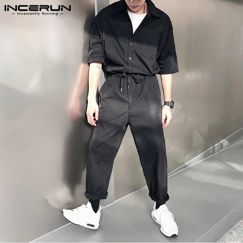 INCERUN/модные мужские комбинезоны-карго с коротким рукавом, комбинезоны, однотонные джоггеры, шикарные ромперы на пуговицах, уличный стиль, повседневные мужские штаны