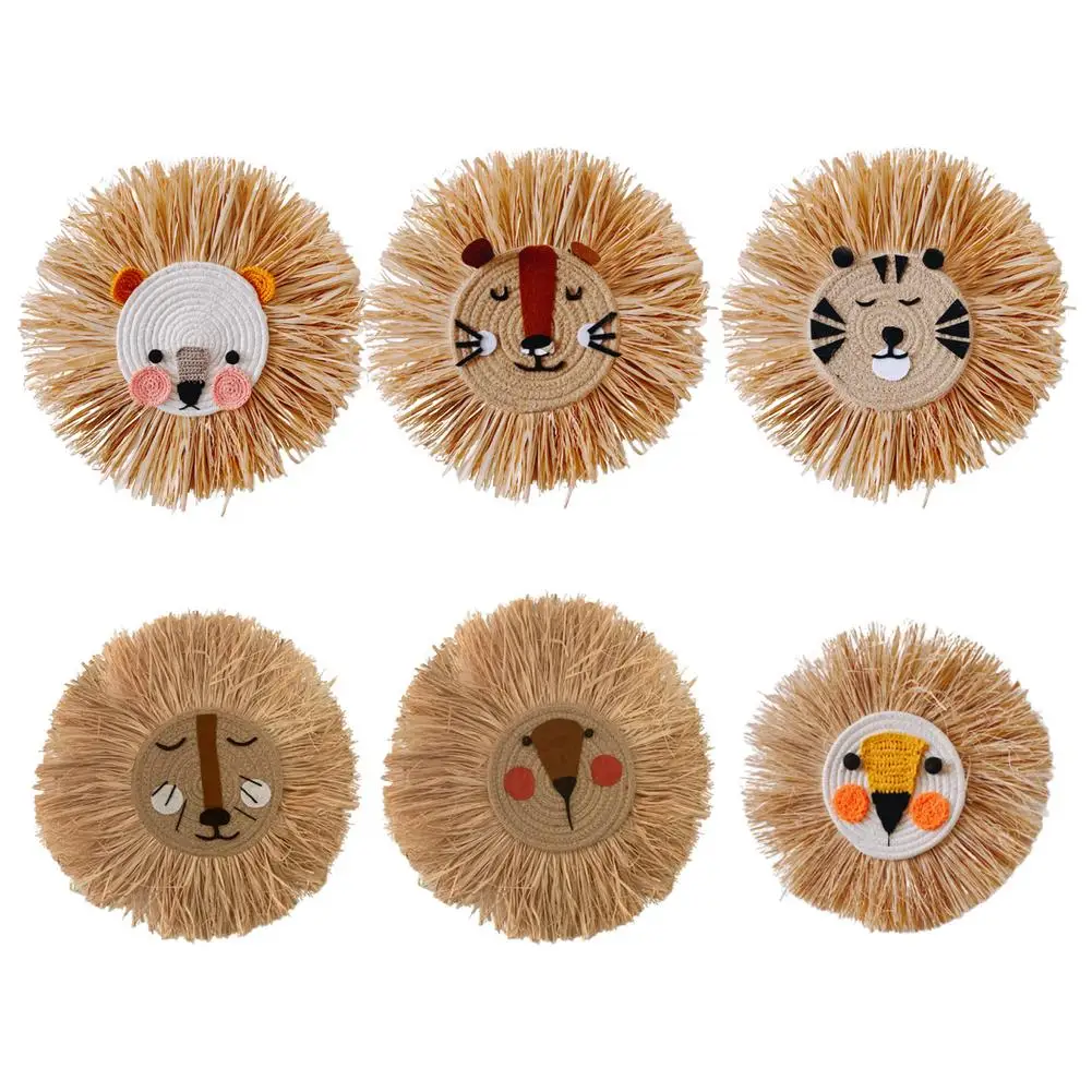 

Kids Room Decor Animal Head Wall Decor Hand Woven Cartoon Lion Animal Kindergarten Nursery Hanging Decoration Wall Hanging Decor