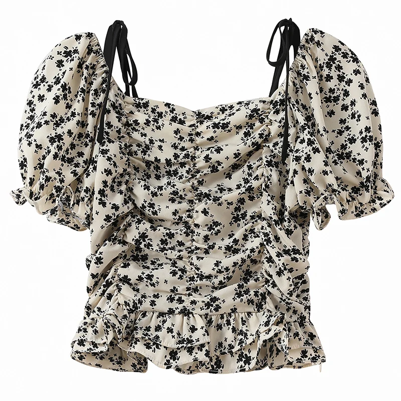 

Korean Chic Print Chiffon Blouse Women 2021 Summer Puff Sleeve Sling Floral Shirt Female Square Collar Vintage Tops Blusas 14416