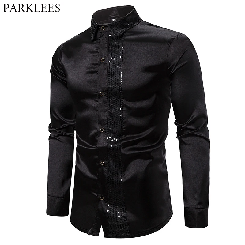 Рубашка мужская с блестками шелковая Атласная блестящая рубашка длинными