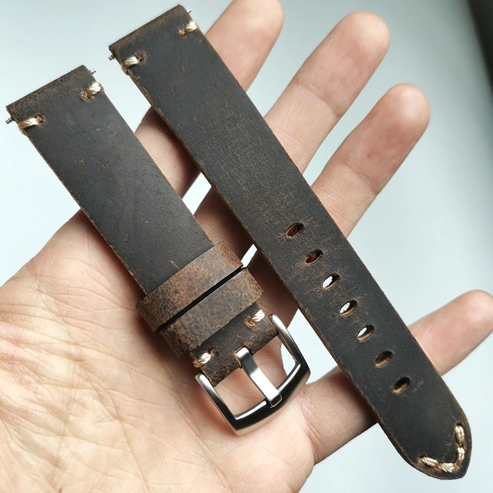Genuine Leather Watch Band 18 19 20 21 22mm Retro Brown Crazy Horse Calfskin Leather Watch straps vintage Watch belt Bracelet