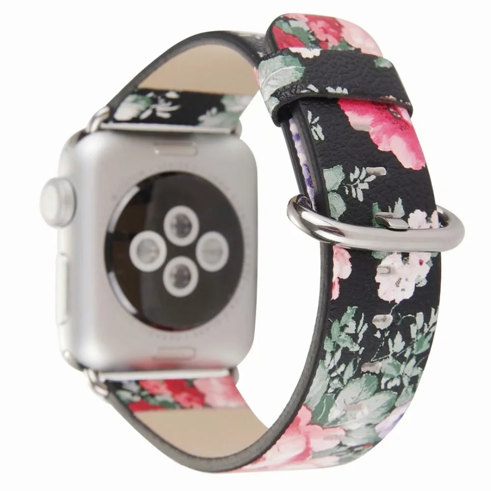 

Ink Painted Style Floral Print Strap for Apple Watch Band 44mm 40mm 42mm 38mm Leather Band Bracelet for Iwatch Series 5 4 3 2 1