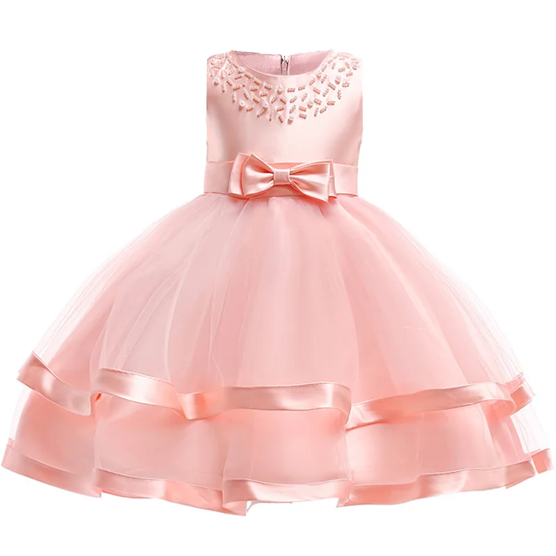 Flesh pink Детская одежда из бисера, в сеточку, с цветочным рисунком, платья для девочек для Одежда для свадьбы, платье для Первого Причастия платье принцессы Пышная юбка для малышки костюм L5017 - Цвет: Flesh pink