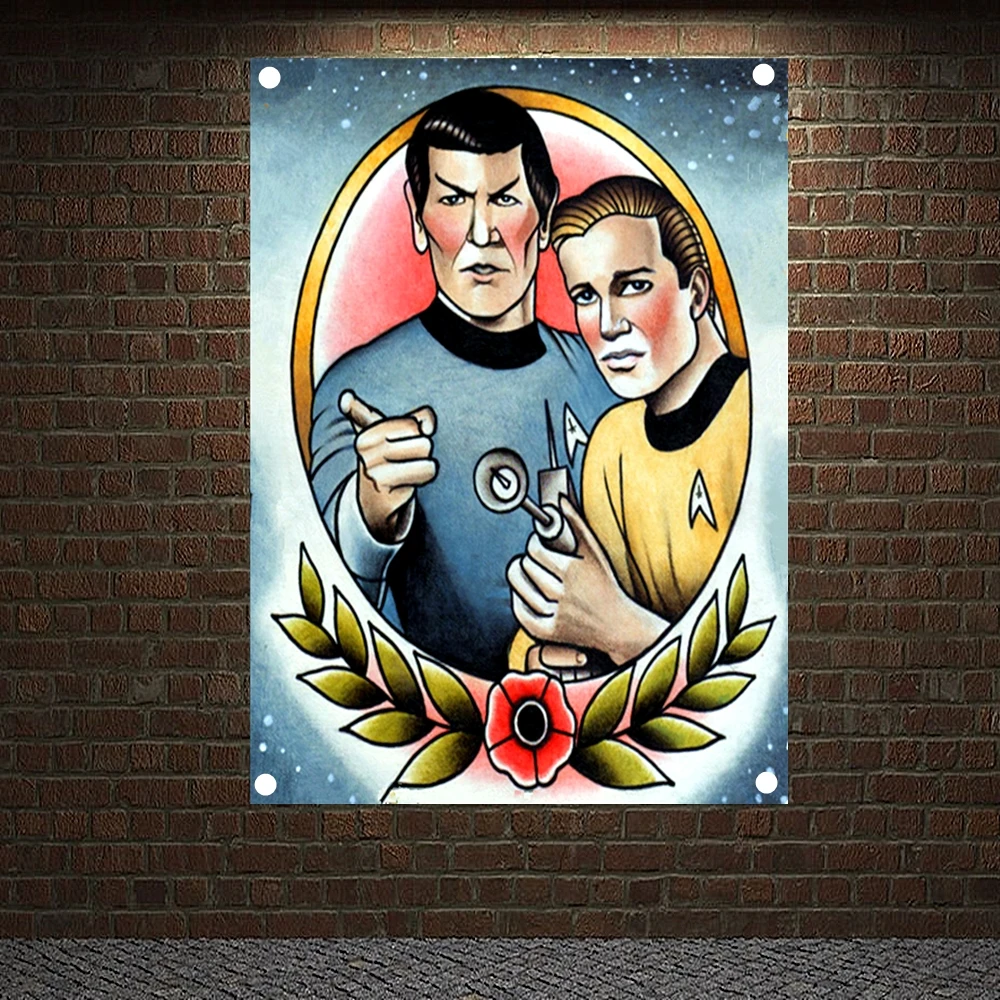 

Captain Kirk and Spock Star Trek Tattoo Banners Vintage Canvas Painting Retro Wall Art Print Posters Mural Hanging Flags