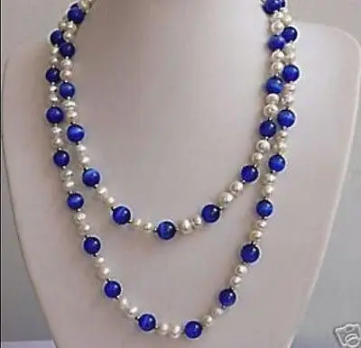 

HOT Wholesale 48 inches beautiful White pearl&Blue opal necklace 7-8MM