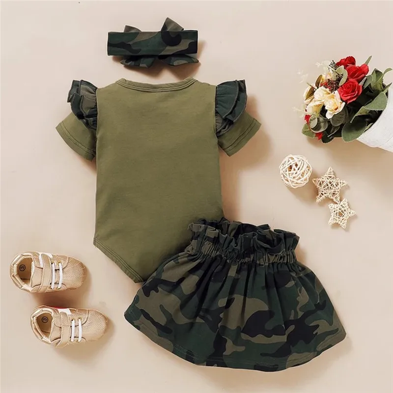 3pcs Newborn Baby Girl Clohtes Short Sleeve Letter Print Romper Camouflage Skirt Headband Outfits Set Toddler Clothing | Детская одежда
