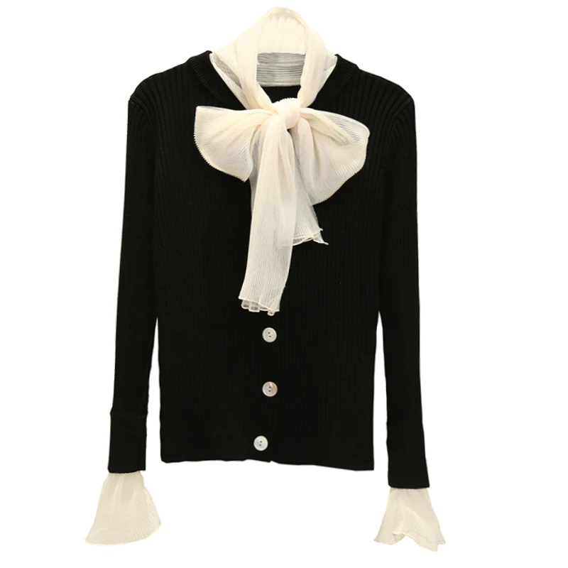 

mesh stitching knitted sweater fake two pieces of Korean new slim fitting Pullover bottoming sweater for women Qiudong