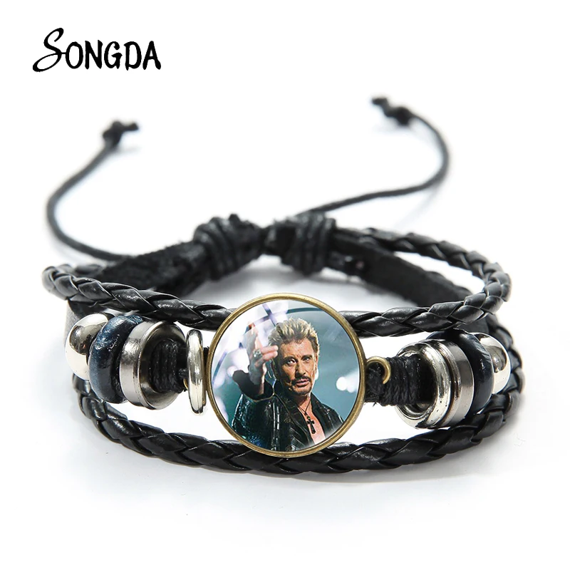 Джонни Холлидей кожаный браслет для мужчин рок-певца художественная стеклянная