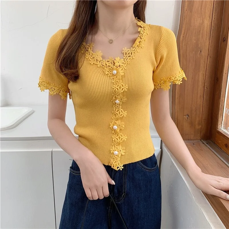 

2021 New Spring Summer Lace V-neck Thin Short Sleeve Knitted Sweater Pullovers Women Pink Short Sweater Tops Jumpers