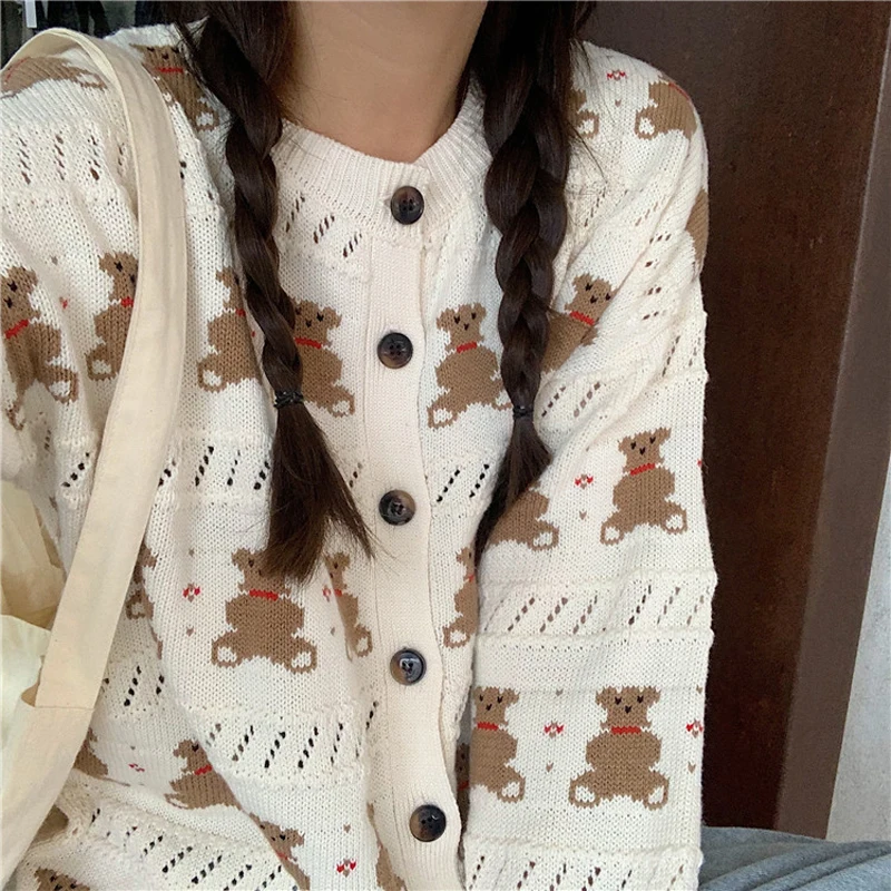 PERHAPS U Women Short Thin Sweater Knitted O Neck Crew Cardigan Button Polka Beige Bear Cartoon Outwear Autumn M0144 |