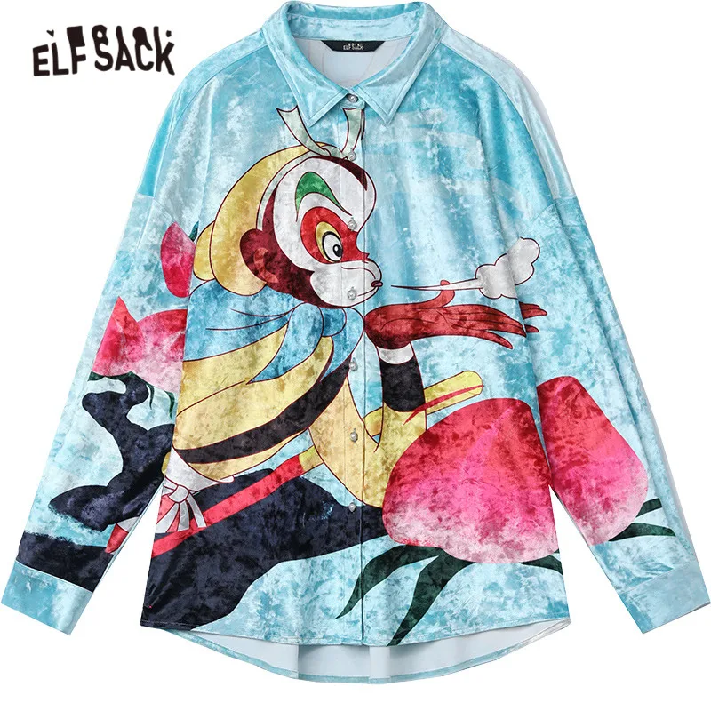 

ELFSACK Harajuku Monkey King Print Single Breasted Casual Velvet Shirt Women,2021 Spring Vintage Full Sleeve Ladies Daily Top