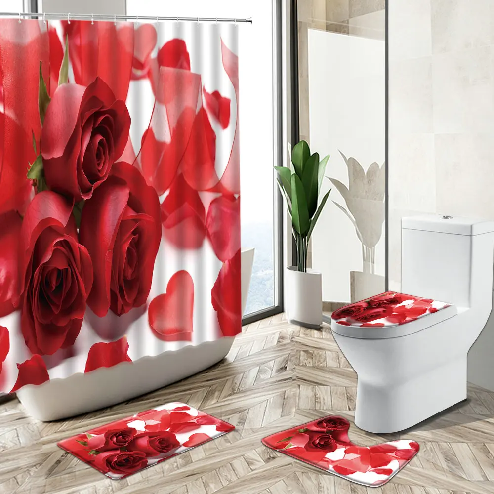 Offerte Red Rose Fiore In Fiore Tenda Per Doccia Papavero Strisce Bianche Nere Arte Creativa Antiscivolo Piedistallo Tappeto Copriwater Set Da Bagno