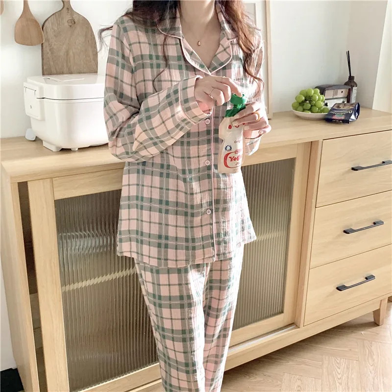 

Удобная хлопковая Домашняя одежда, пижамный комплект с длинным рукавом, женская одежда для сна в клетку, Корейская Мягкая блузка и брюки, ко...