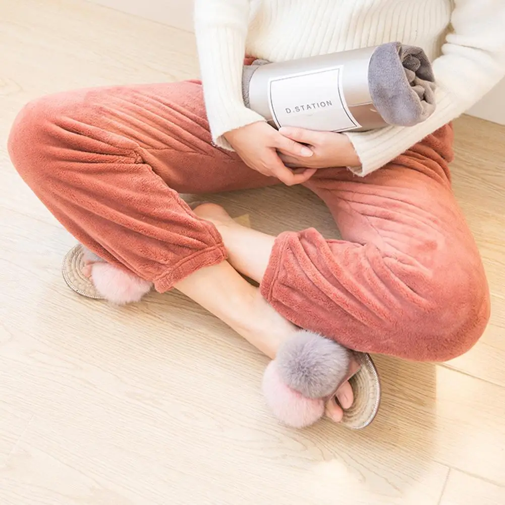 Женские однотонные пижамные брюки с эластичным поясом теплые флисовые штаны