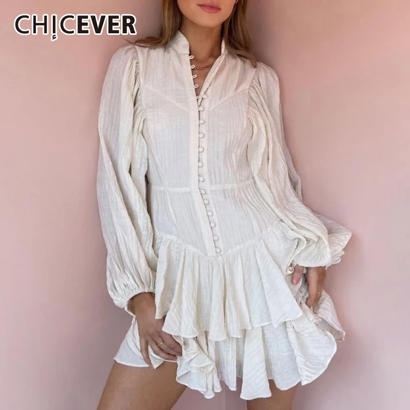

CHICEVER Pullover Sexy Apricot Dress For Women Stand Collar Lantern Long Sleeve High Waist Patchwork Ruched Mini Dresses Females