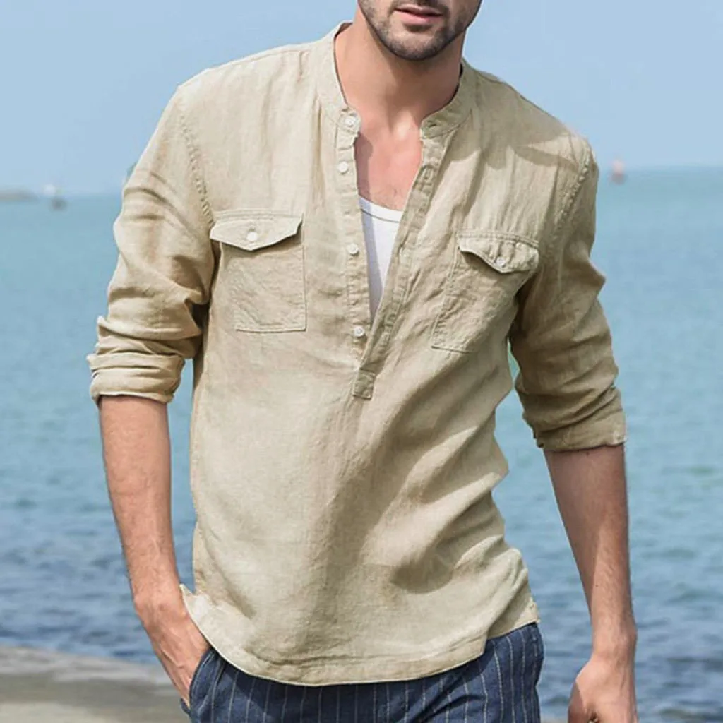 Мужская хлопковая рубашка летняя свободная Однотонная в стиле ретро с длинными