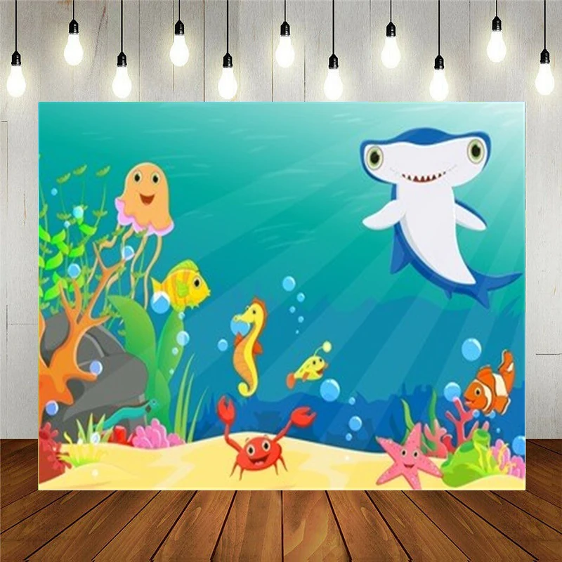 

Photo Studio Props Vinyl Photography Backdrop For Kids Birthday Party Underwater World Cartoon Coral Reef A Funny Fish And Shark