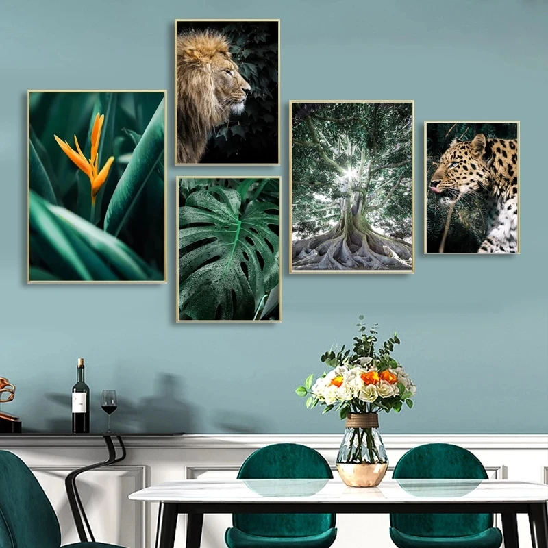 

Nordic Living Room Decorative Wall Painting Poster Printing Jungle Cheetah Lion Monster Leaf Tree Wall Art Canvas Painting