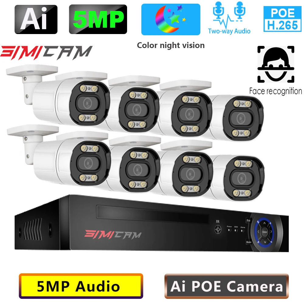 Simicam8CH 5MP POE NVR Kit 2K HD CCTV безопасности Системы двухстороннее аудио AI IP Камера