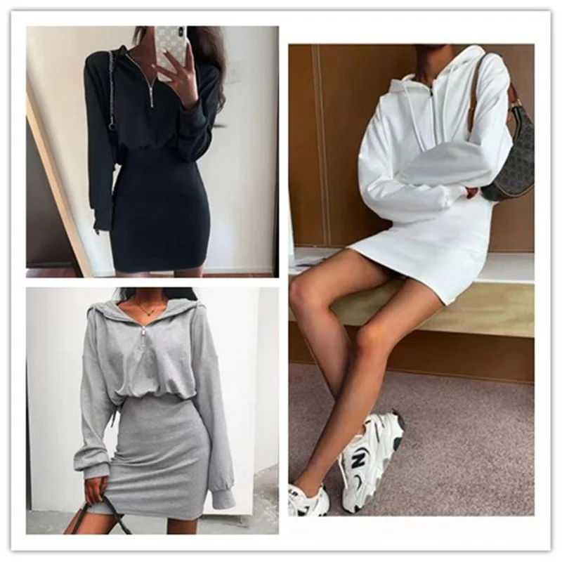 

UNAIZA Female Dress Fashion Zipper Bag Hip Casual Hooded Sweater Dress 2021 Round Neck Pullover Long Sleeve Lantern Sleeve Dress