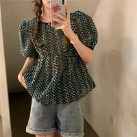 blouse summer niche collection waist puff sleeve thin section mesh perspective short sleeved sunscreen blouse top