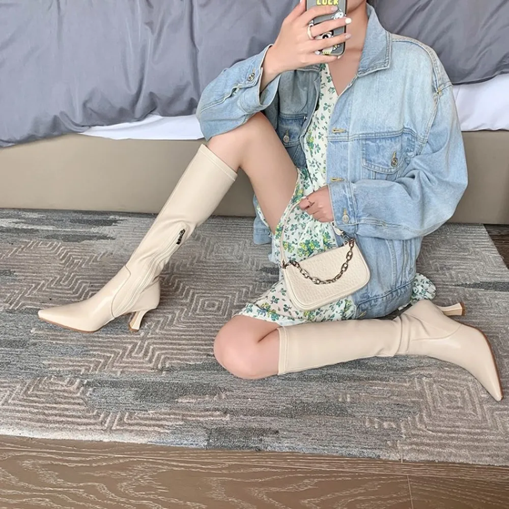 

Женские сапоги до бедра с острым носком, эластичные мотоциклетные сапоги из натуральной кожи в стиле панк, черные, бежевые