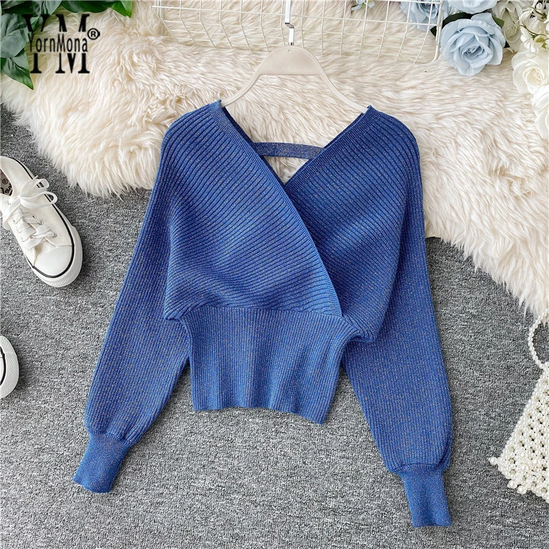 

YornMona Good Quality Shining Women V Neck Winter Sweater Women 2020 Long Sleeve Knitted Sweaters and Pullovers Jumper Tops