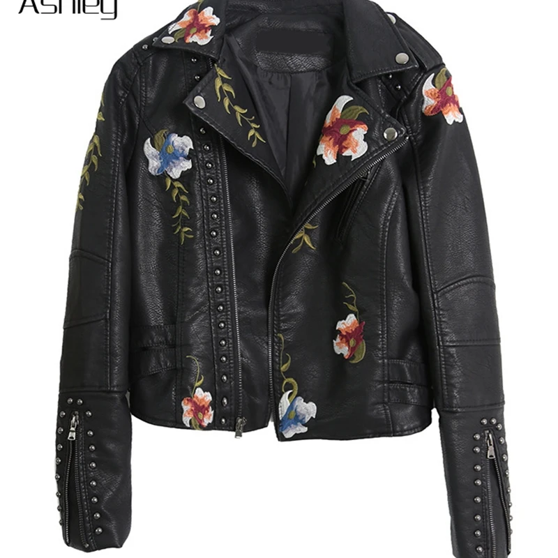 

Ashley Embroidery floral faux leather jacket White basic jackets outerwear coats Women casual autumn winter jacket female coat