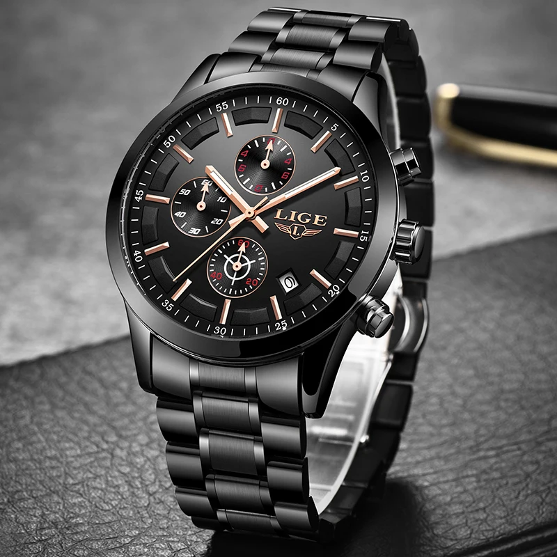 Мужские часы с хронографом LIGE водонепроницаемые кварцевые полностью стальным