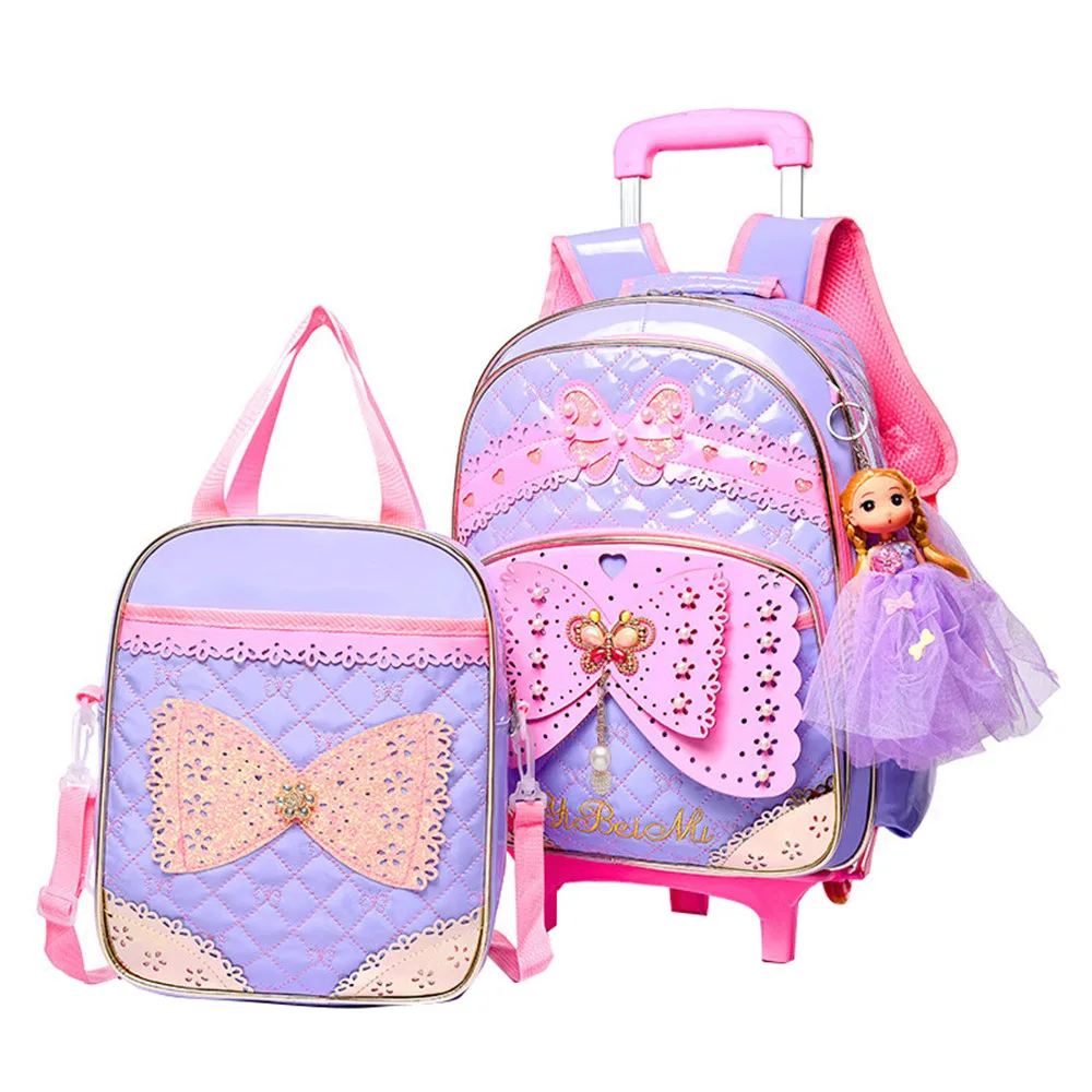 Набор детских школьных сумок на колесиках для девочек, рюкзак на колесиках для книг, съемные детские школьные ранцы с 2 колесиками для лестн...