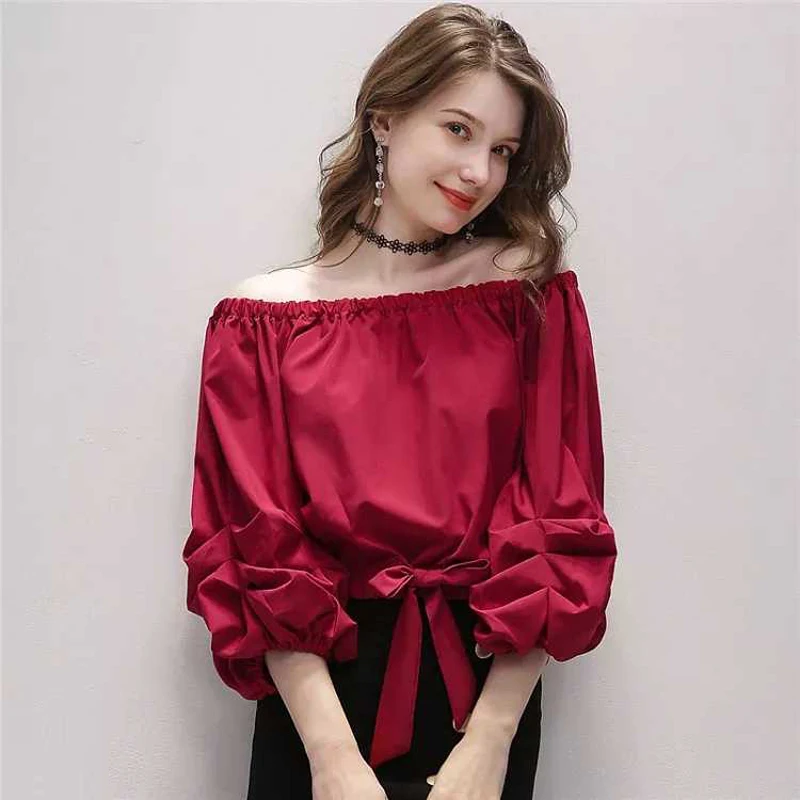 

Женская рубашка с рукавами-фонариками на весну и осень, короткая рубашка с открытым пупком и длинным рукавом, рубашка с вырезом лодочкой, то...